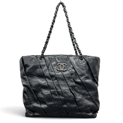 CHANEL 希少 極美品 シャネル ココマーク プリーツ チェーントート トートバッグ 13番台シリアル レザー 肩掛け ハンドバッグ シルバー金具 Aランク 鑑定済 中古 シャネルバッグ