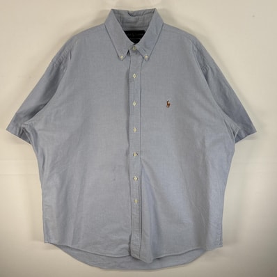 古着 ラルフローレン RALPH LAUREN 半袖シャツ ボタンダウンシャツ ロゴ 刺繍 オックスフォードシャツ 14041 水色系 無地 メンズ