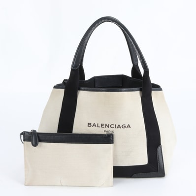 ■美品 バレンシアガ ネイビーカバストート バッグ レザー×キャンバス