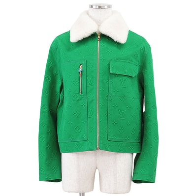 【美品】 ルイ・ヴィトン デニムジャケット ブルゾン LV モノグラム エンボス ムートンカラー 取外可 ジャケット メンズ グリーン 48 LOUIS VUITTON