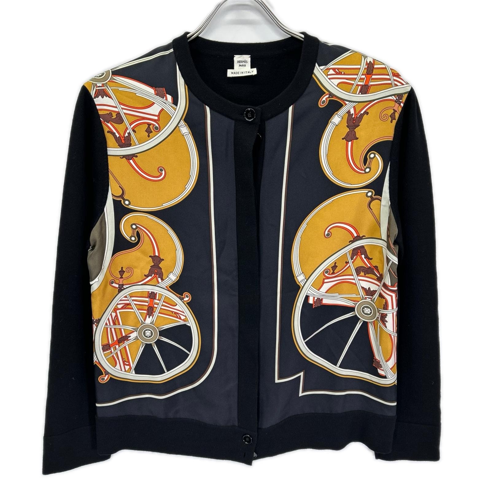 エルメス ルメール期 14AW ブラック ウール×シルク スカーフ切り替え ラウンドネックニットカーディガン 36