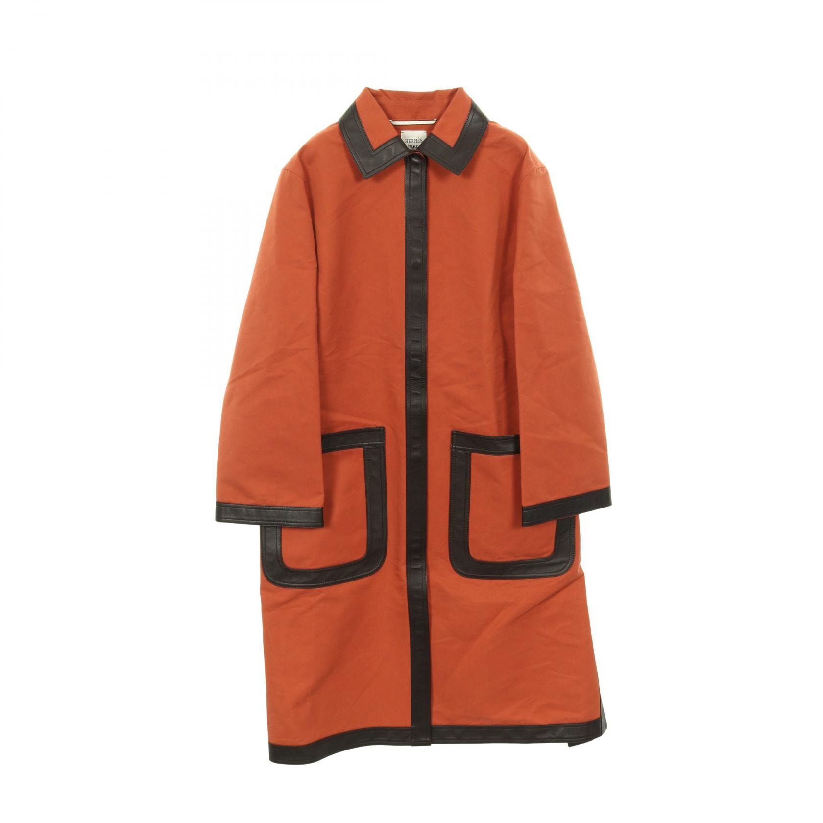 エルメス HERMES ステンカラーコート 衣料品 アウター ラムスキン(羊革) コットン オレンジ レディース オレンジ系 / ブラウン系 【中古】