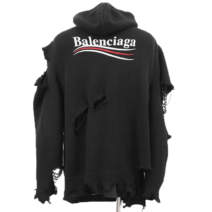 【美品】BALENCIAGA バレンシアガ ニット サイズ S メンズ ダメージ加工 デストロイド パーカー フーディー ロゴ 刺繍/プリント フェイクレイヤード トップス ブラック 黒 イタリア製