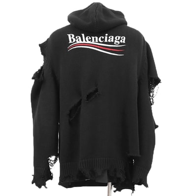 【美品】BALENCIAGA バレンシアガ ニット サイズ S メンズ ダメージ加工 デストロイド パーカー フーディー ロゴ 刺繍/プリント フェイクレイヤード トップス ブラック 黒 イタリア製