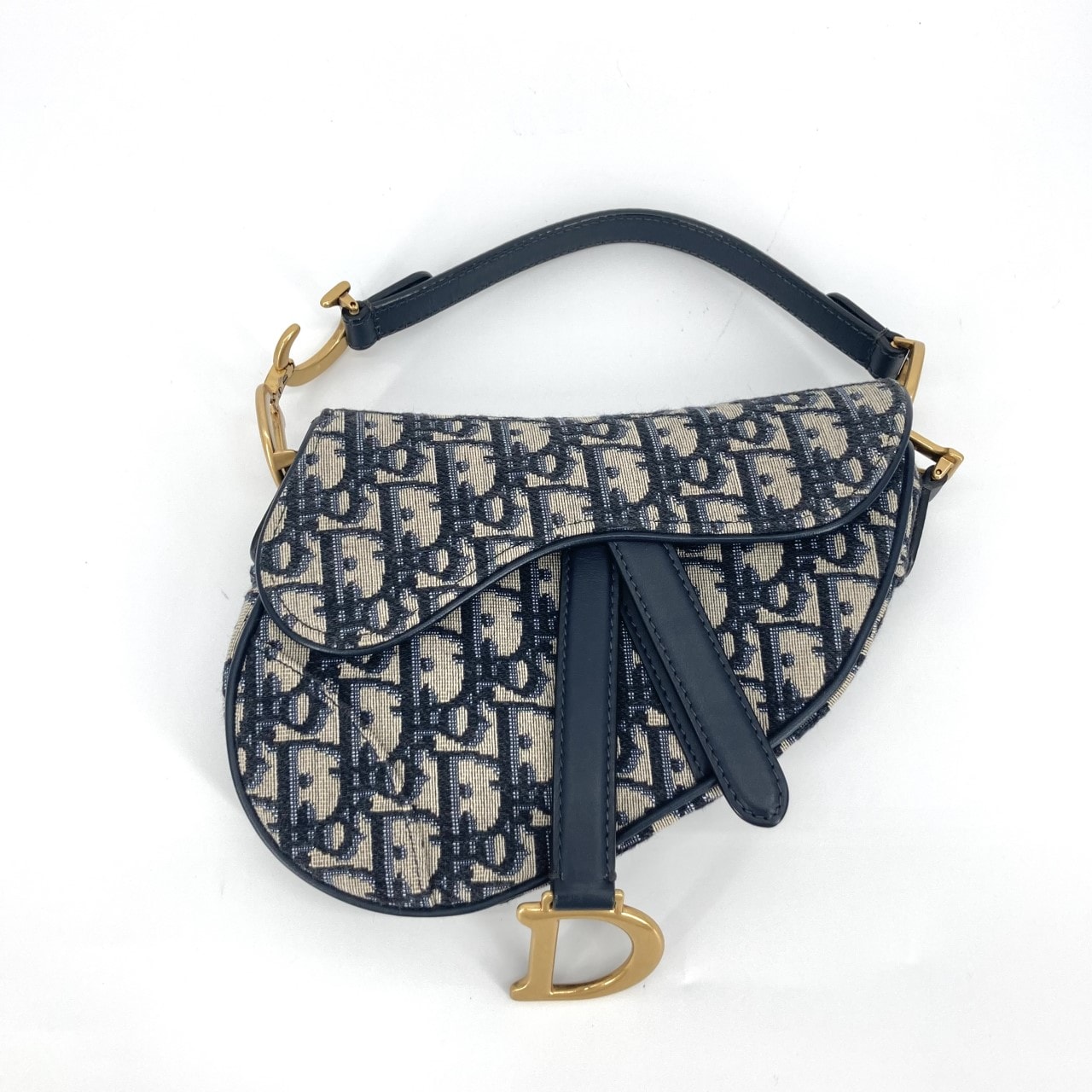 Christian Dior(クリスチャンディオール) トロッター サドルバッグ レザー ゴールド金具 ハンドバッグ ネイビー×ベージュ