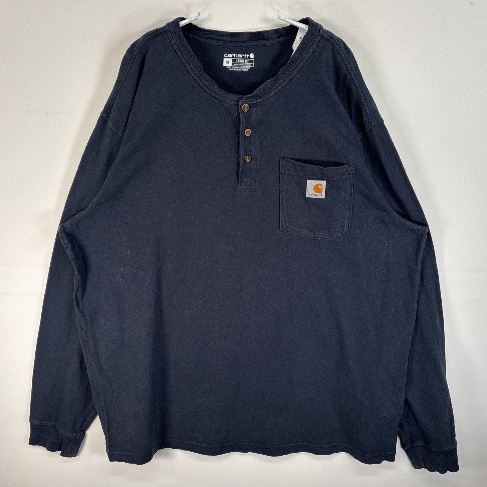 古着 カーハート Carhartt 長袖Tシャツ ヘンリーネック ワンポイント ロゴ 大きいサイズ 肉厚 XL  ネイビー 無地 メンズ