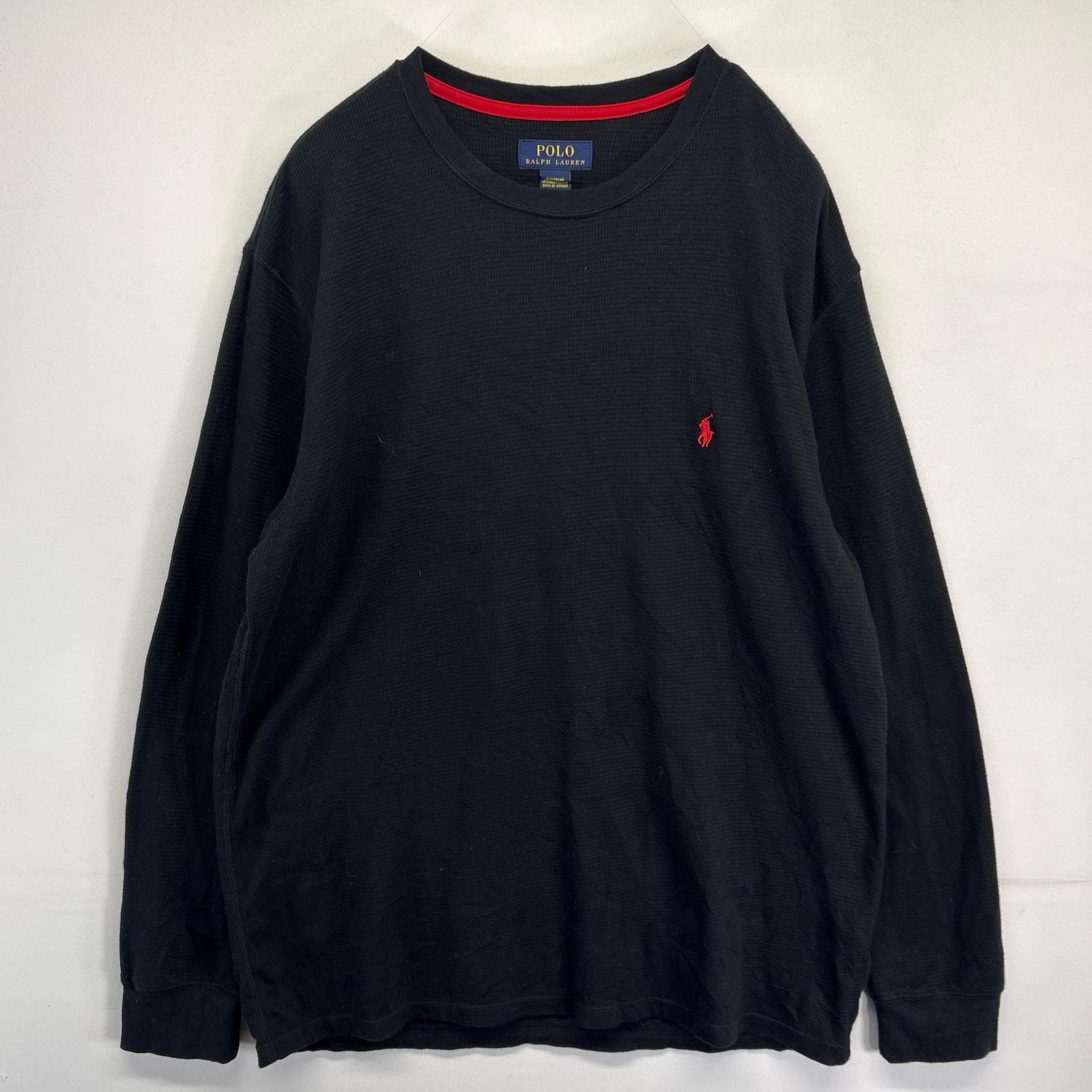 古着 ポロ・ラルフローレン POLO RALPH LAUREN 長袖Tシャツ サーマル ワッフル クルーネック ワンポイント XL ブラック メンズ