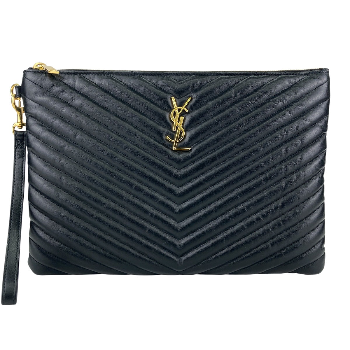 SAINT LAURENT サンローラン モノグラム タブレットポーチ Vステッチ クラッチバッグ セカンドバッグ 559193CWU011000 レザー ブラック  ユニセックス【中古】