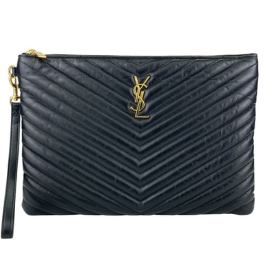 SAINT LAURENT サンローラン モノグラム タブレットポーチ Vステッチ クラッチバッグ セカンドバッグ 559193CWU011000 レザー ブラック ユニセックス【中古】