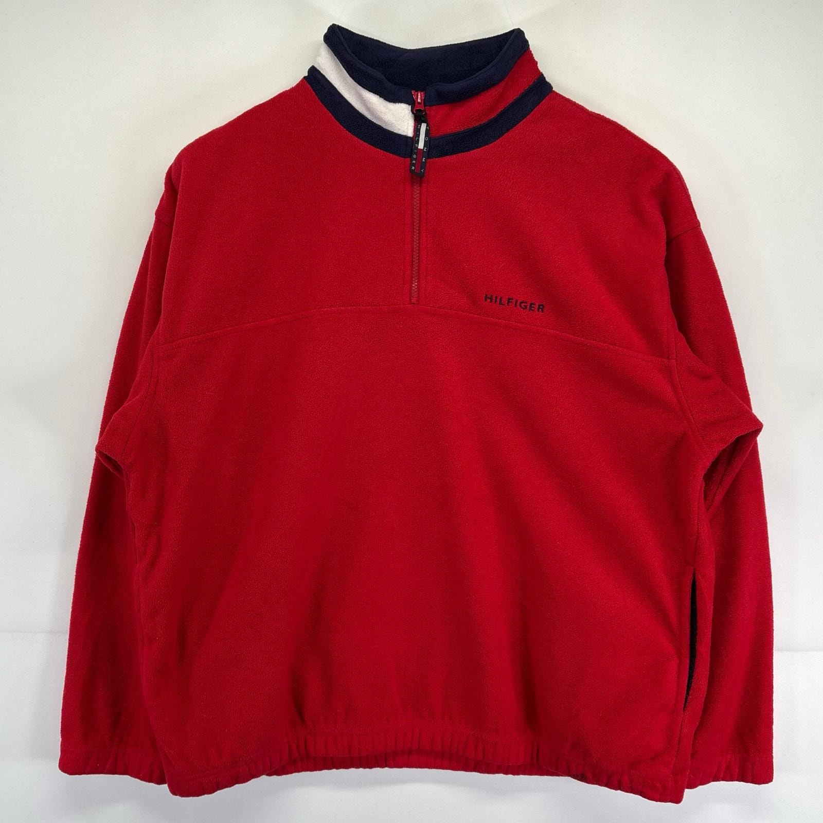 古着 トミーヒルフィガー TOMMY HILFIGER フリースジャケット 大きいサイズ ハーフジップ プルオーバー ワンポイントロゴ刺繍 XL  レッド メンズ