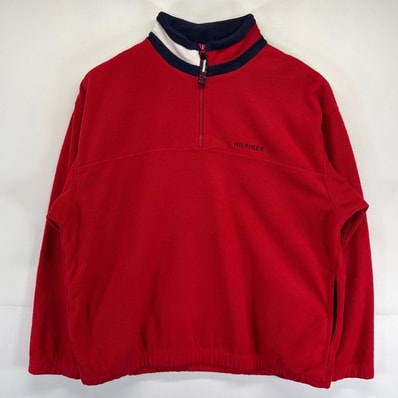 古着 トミーヒルフィガー TOMMY HILFIGER フリースジャケット 大きいサイズ ハーフジップ プルオーバー ワンポイントロゴ刺繍 XL レッド メンズ