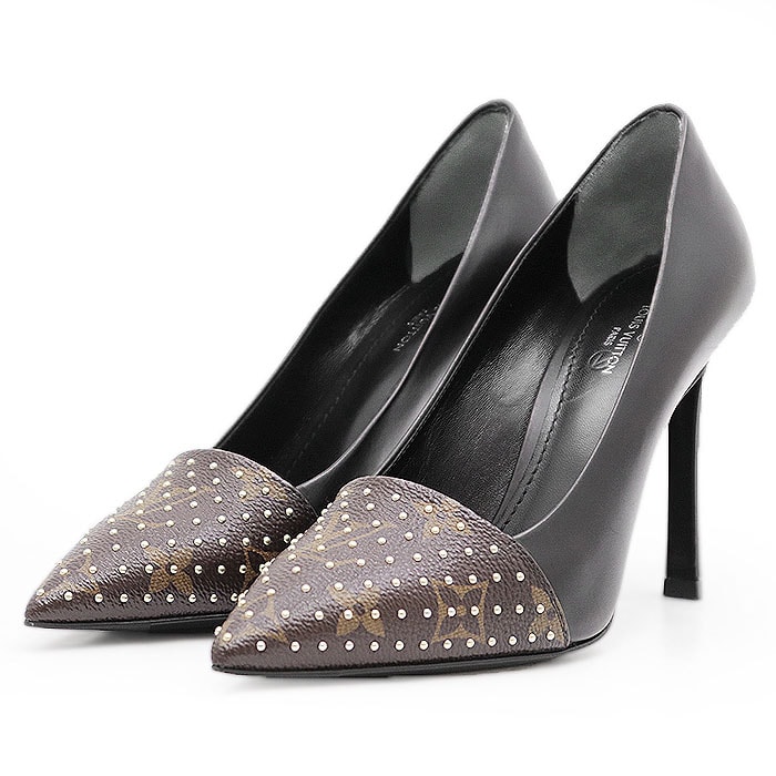 【美品】 ルイ・ヴィトン ハイヒール LV モノグラム スタッズ ポインテッドトゥ パンプス レディース ブラック ブラウン 36 LOUIS VUITTON