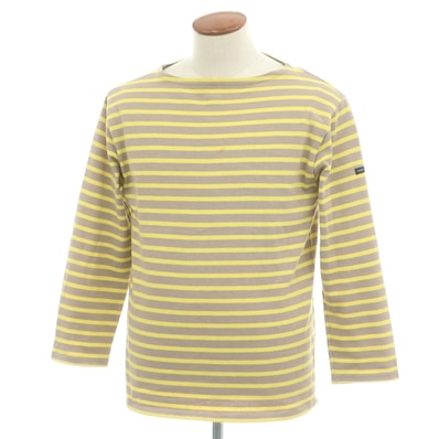 【中古】セントジェームス SAINT JAMES コットン ボーダー ボートネック バスクシャツ 長袖Tシャツ ダークグレージュ系xイエロー【サイズ4】【メンズ】