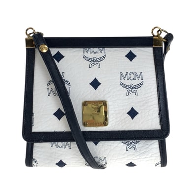 美品 MCM エム シー エム ヴィセトス ホワイト ネイビー ゴールド金具 レザー ショルダーバッグ ポシェット 600635 【中古】