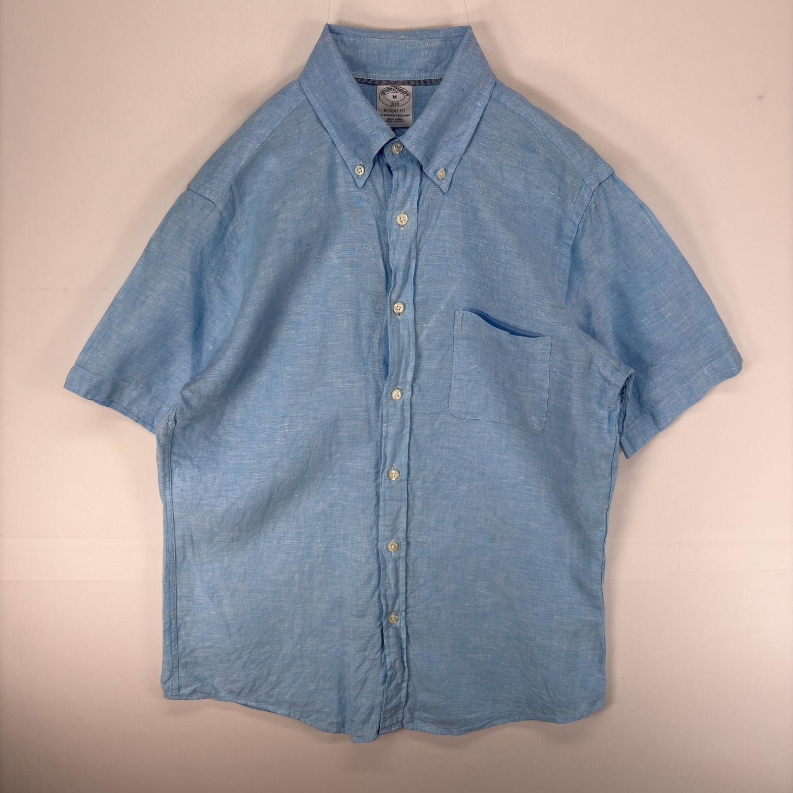 古着 ブルックスブラザーズ Brooks Brothers 半袖シャツ 胸ポケット M  ブルー系 無地 メンズ