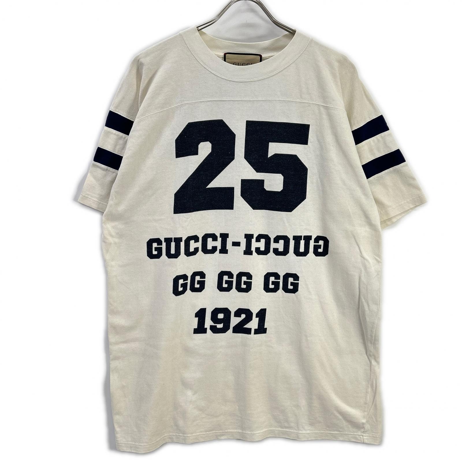 グッチ 655459 ホワイト ロゴ ナンバリング クルーネック フットボール Tシャツ S