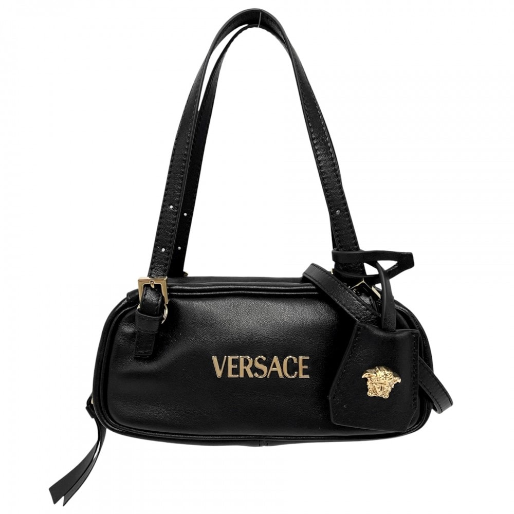 VERSACE ヴェルサーチ 2WAY ボウリングミニバッグ タグ ショルダーバッグ ハンドバッグ ラムスキン ブラック 黒 ゴールド金具 レディース【中古品】