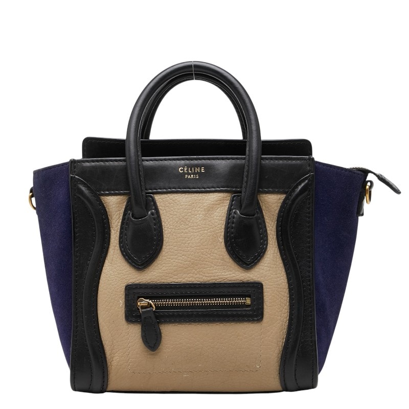 セリーヌ ラゲージ ナノショッパー ハンドバッグ ベージュ ブラック ネイビー スウェード レザー レディース CELINE 【中古】