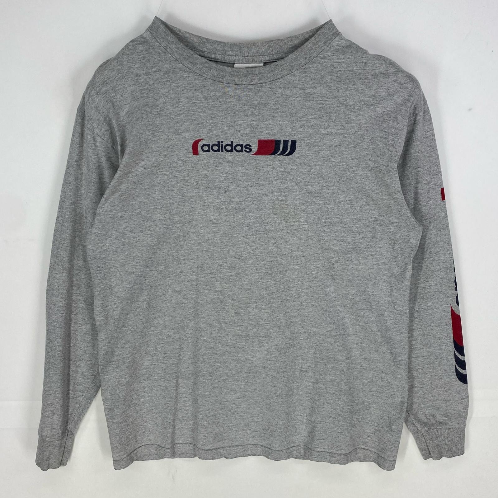 古着 90's/90年代 アディダス adidas USA製 長袖Tシャツ プリントロゴ 袖ロゴ ロンT ロングスリーブ M  グレー系 メンズ