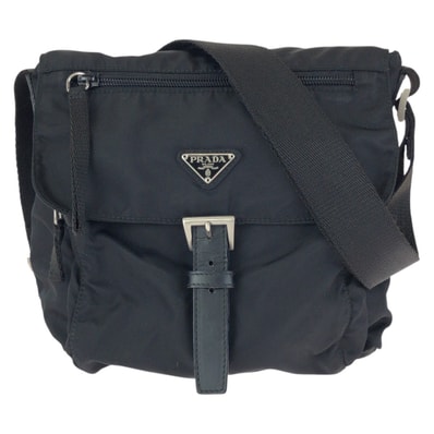 美品 PRADA プラダ テスート 三角ロゴプレート ブラック 黒 シルバー金具 ナイロン レザー/ ショルダーバッグ メッセンジャーバッグ 601910 【中古】