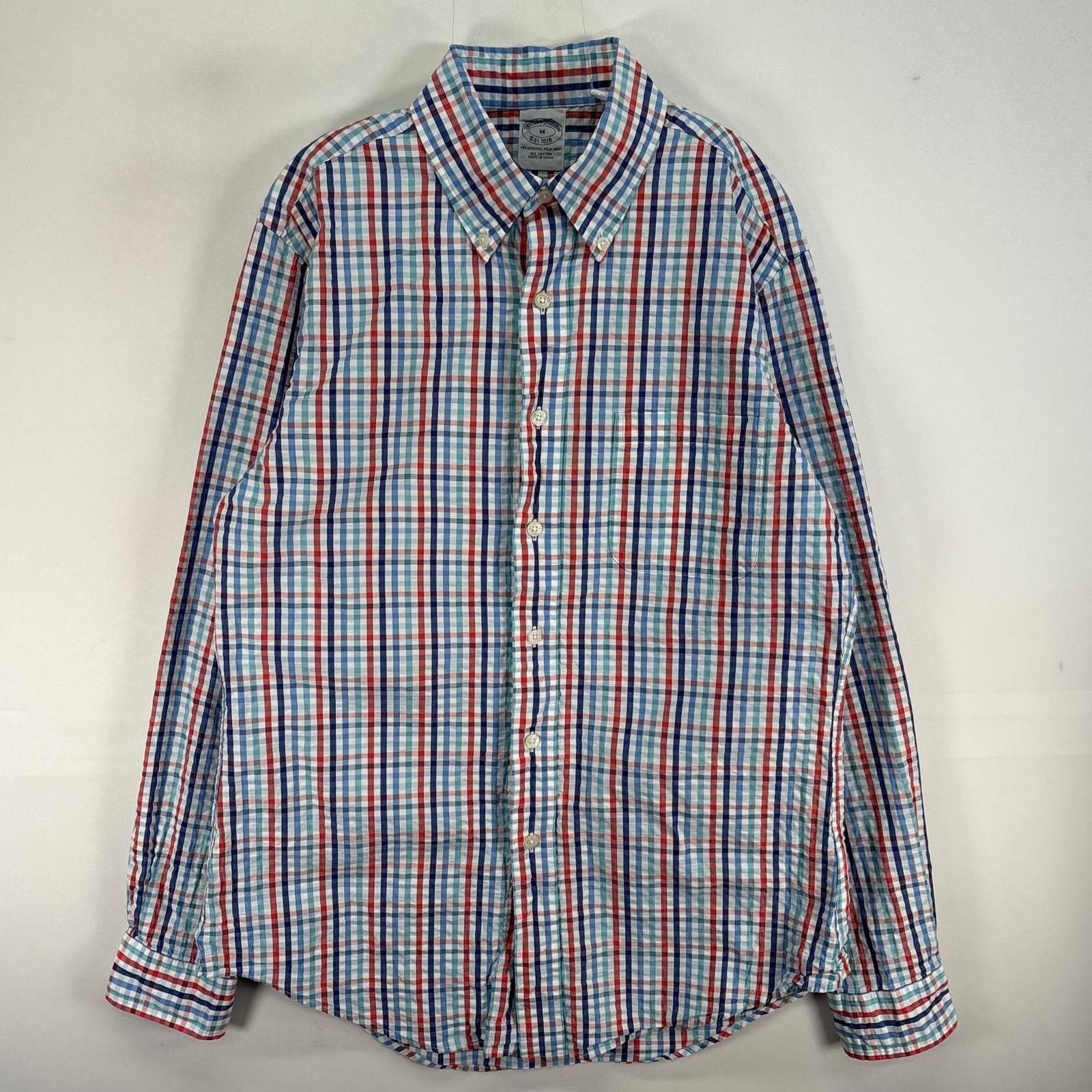 古着 ブルックスブラザーズ Brooks Brothers シアサッカー 長袖シャツ チェック 胸ポケ ボタンダウン M ブルー系 マルチカラー メンズ