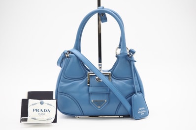 美品 PRADA プラダ パデッドナッパ ナッパソフト ムーン レザー 2WAYハンドバッグ 1BA381 2wayショルダーバッグ ブルー レザー レディース