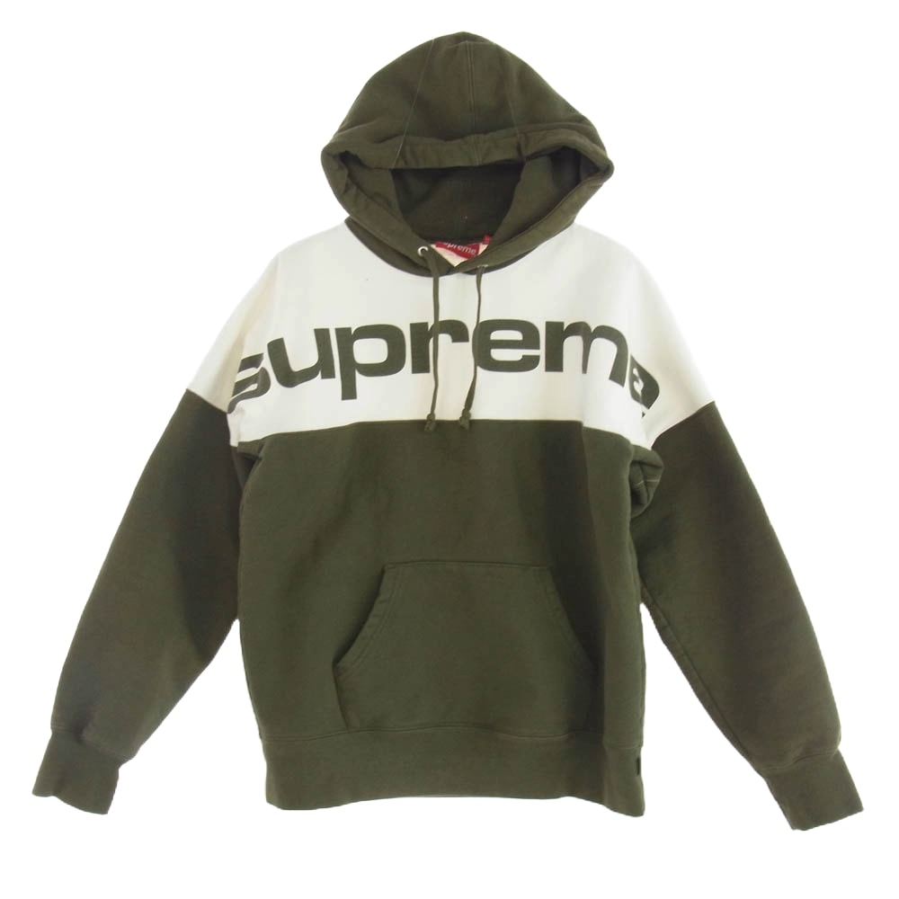 Supreme シュプリーム パーカー 17AW Blocked Hooded Sweatshirt ブロックド ロゴ プリント バイカラー スウェット プルオーバー パーカー モスグリーン系 S【中古】