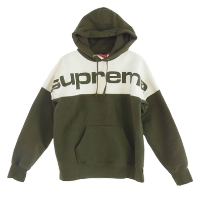 Supreme シュプリーム パーカー 17AW Blocked Hooded Sweatshirt ブロックド ロゴ プリント バイカラー スウェット プルオーバー パーカー モスグリーン系 S【中古】