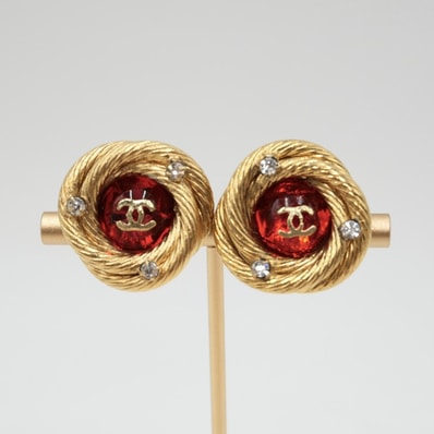 CHANEL(シャネル)ヴィンテージ ココマーク イヤリング ゴールド レッド ラインストーン ラウンド レディース 293刻印【中古】