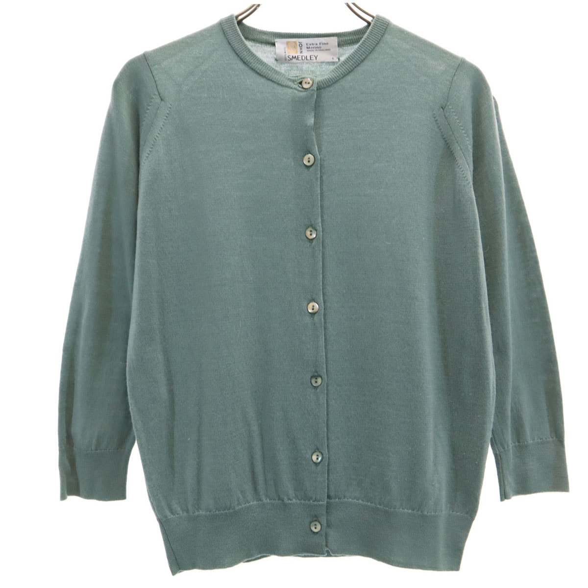JOHN SMEDLEY ジョンスメドレー イングランド製 7分袖 ニットカーディガン S グリーングレー