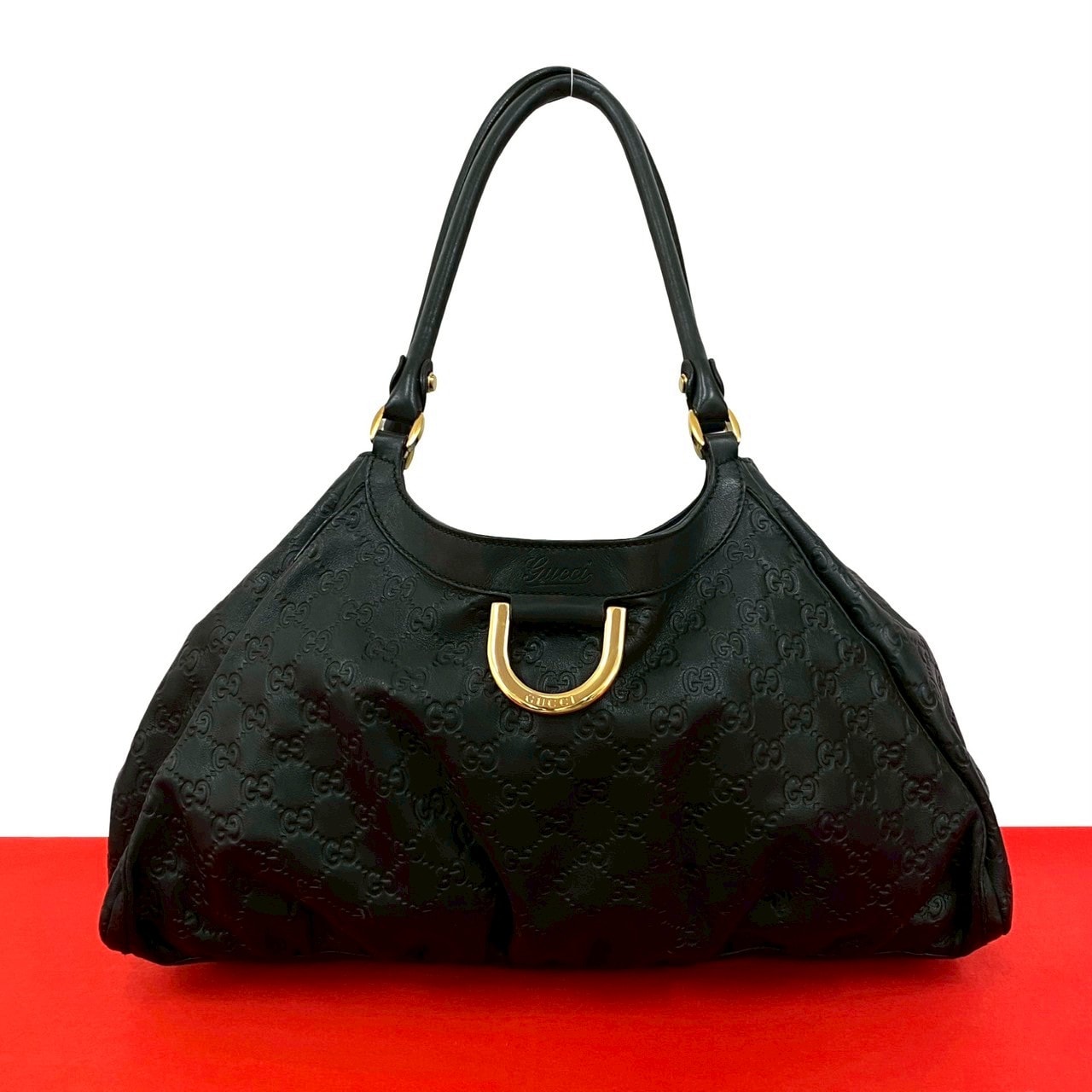 GUCCI グッチ シマ ホースシュー 金具 GG 刻印 レザー トートバッグ ブラック
 33998