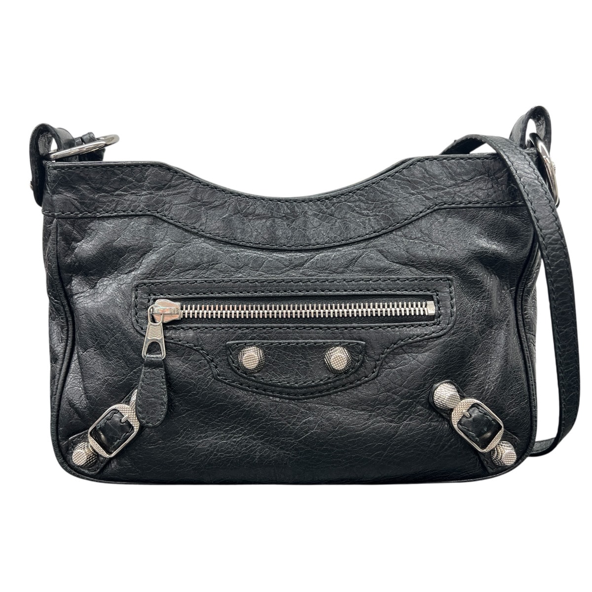 BALENCIAGA 美品 バレンシアガ ジャイアントヒップ ショルダーバッグ 237203 レザー ブラック シルバー金具 クロスボディ ポシェット スタッズ ヴィンテージ ABランク 中古 鑑定済 バレンシアガバッグ
