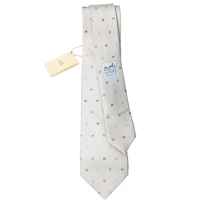 SALE【新品同様】HERMES エルメス ネクタイ メンズ CRAVATE TWILL TIE シルクツイル H トノータイ シグネチャー ロゴ デザイン フォーマル 小物 箱付属 グレー ブルー 灰色 青 総柄 フランス製