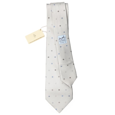 SALE【新品同様】HERMES エルメス ネクタイ メンズ CRAVATE TWILL TIE シルクツイル H トノータイ シグネチャー ロゴ デザイン フォーマル 小物 箱付属 グレー ブルー 灰色 青 総柄 フランス製