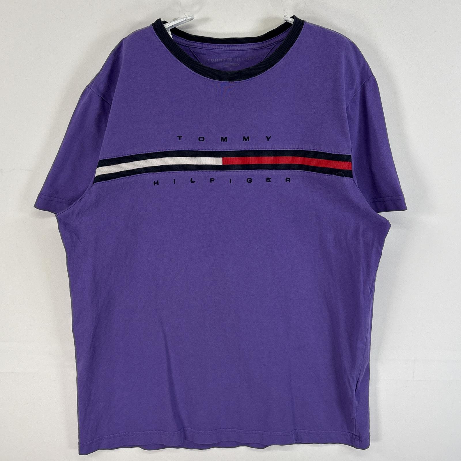 古着 トミーヒルフィガー TOMMY HILFIGER 半袖Tシャツ ロゴ デザイン クルーネック M  パープル 無地 メンズ
