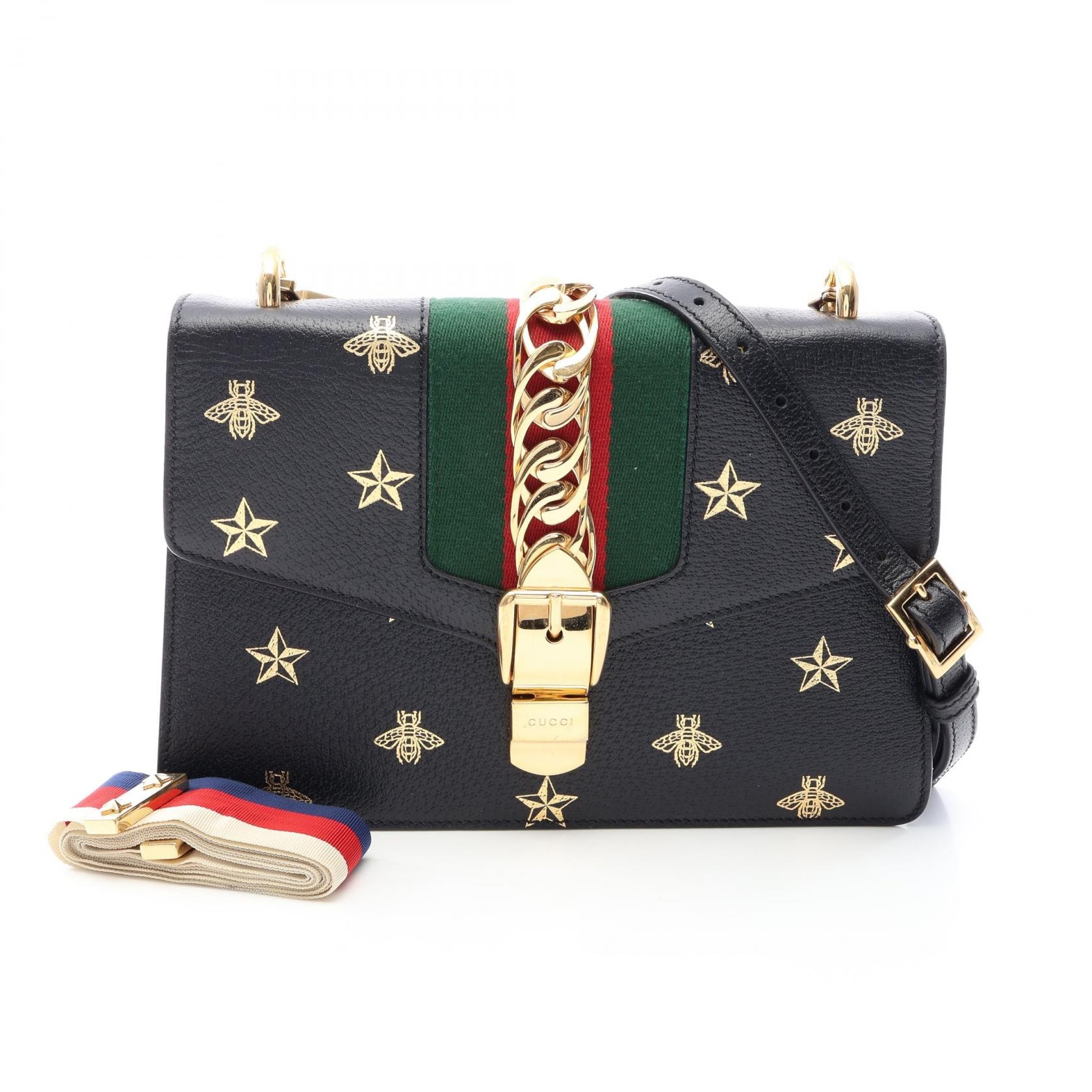 グッチ GUCCI シルヴィ シェリーライン ビー スター ショルダーバッグ バッグ レザー レディース ブラック系 / ゴールド系 / マルチカラー 524405 【中古】