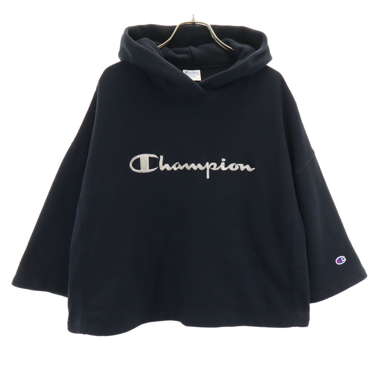 Champion チャンピオン リバースウィーブ 7分袖 スウェットパーカー M ブラック プルオーバー 裏起毛