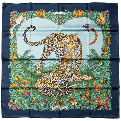 【未使用】HERMES エルメス スカーフ カレ90 Jungle Love ジャングル ラブ H001876S 29 シルク ネイビー グリーン【中古】