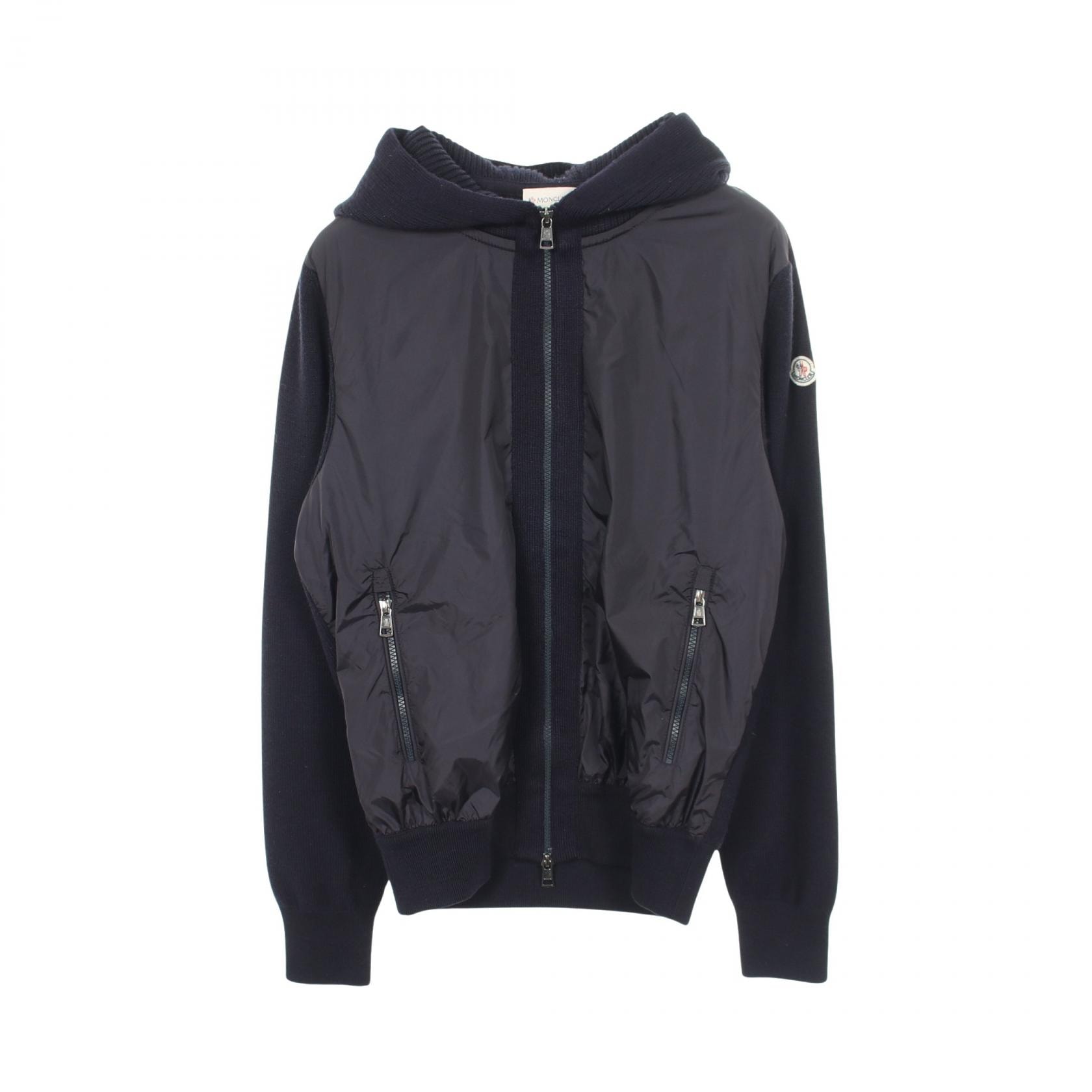 モンクレール MONCLER ニット切替 カーディガン フード付き 衣料品 アウター ナイロン ウール アクリル メンズ ネイビー系 B20919402300 【中古】