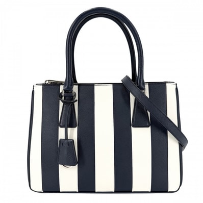 PRADA プラダ 2WAY トライアングルロゴ ガレリア ミディアム ハンドバッグ ショルダーバッグ 肩掛け 斜め掛け ストライプ 1BA863 レザー ネイビー 紺 ホワイト 白 シルバー金具 レディース【中古品】