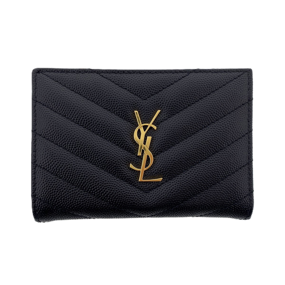SAINT LAURENT サンローラン Vステッチ コンパクト ウォレット 二つ折り財布 575974 レザー ブラック ゴールド金具  レディース【中古】