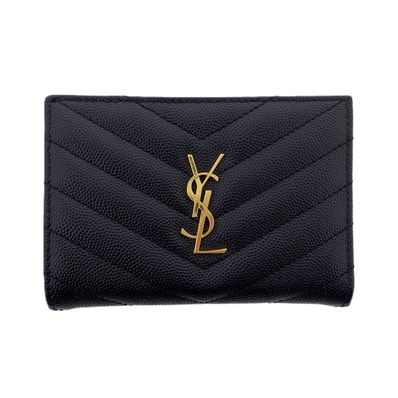 SAINT LAURENT サンローラン Vステッチ コンパクト ウォレット 二つ折り財布 575974 レザー ブラック ゴールド金具 レディース【中古】