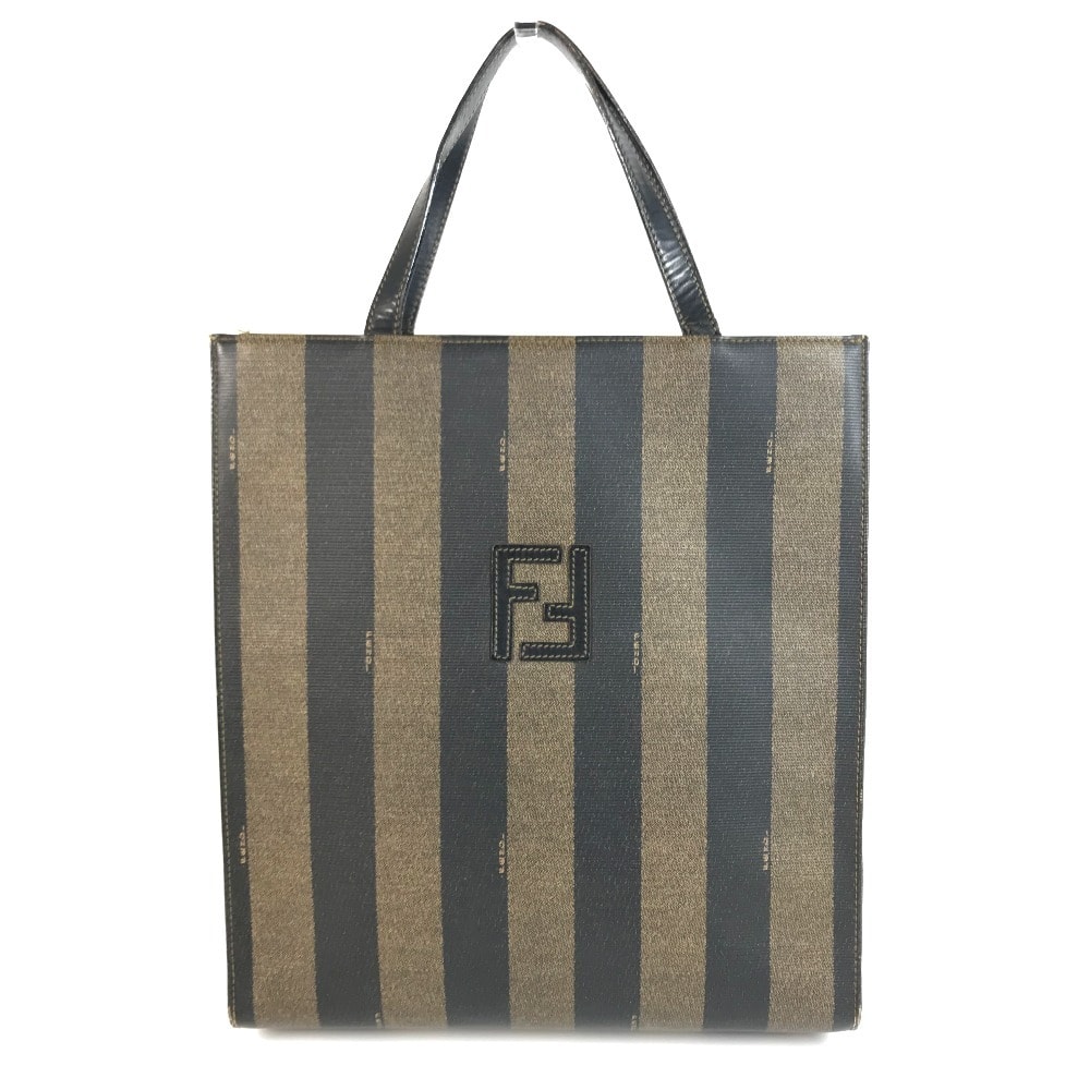 フェンディ FENDI ペカン ロゴ ストライプ ヴィンテージ カバン トートバッグ 縦型トート ハンドバッグ PVC/レザー カーキ