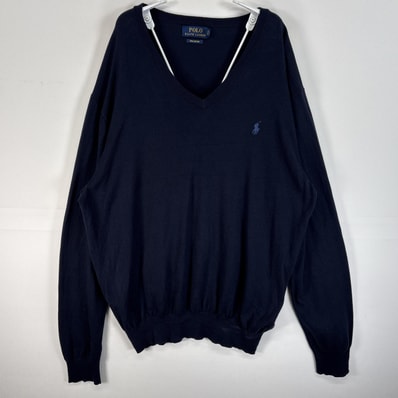 古着 ポロ・ラルフローレン POLO RALPH LAUREN 長袖 セーター ロゴ 刺繍 Vネック L ネイビー 無地 メンズ