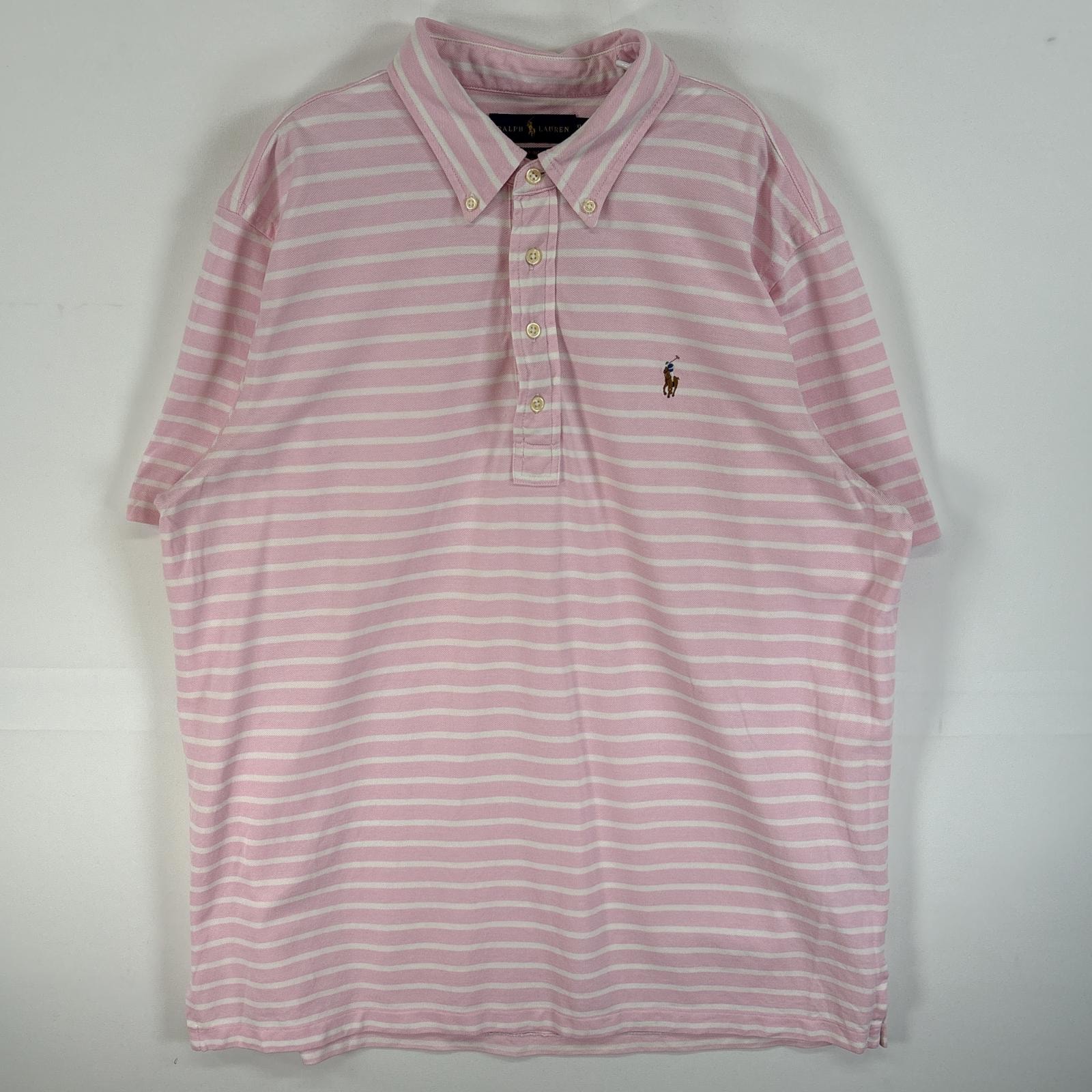 古着 ラルフローレン RALPH LAUREN 半袖 ポロシャツ ワンポイント ロゴ 大きいサイズ ボタンダウン KNIT OXFORD XL  ピンク系 ボーダー メンズ