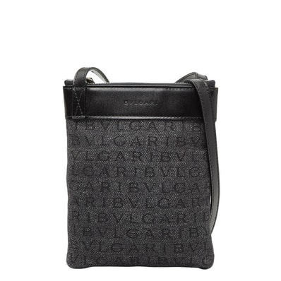 ブルガリ ロゴマニア 斜め掛け ショルダーバッグ ブルー ブラック デニム レザー レディース BVLGARI 【中古】