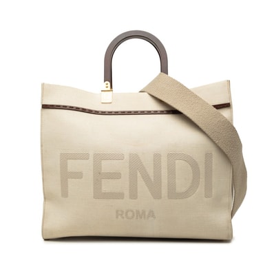フェンディ サンシャイン ミディアム トートバッグ ショルダーバッグ 2WAY 8BH386 ベージュ キャンバス レザー レディース FENDI 中古