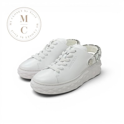 ジミーチュウ JIMMY CHOO ダイヤモンドスリング スニーカー 靴 シューズ レザー ホワイト 白 未使用 クリスタル ストラップ ロゴ スリッポン ビジュー
