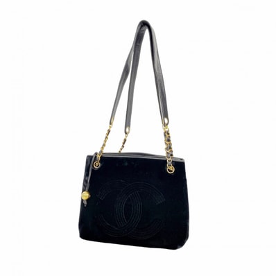 【6dd4589-k】シャネル ショルダーバッグ ベロア ブラック ゴールド金具【中古】レディース