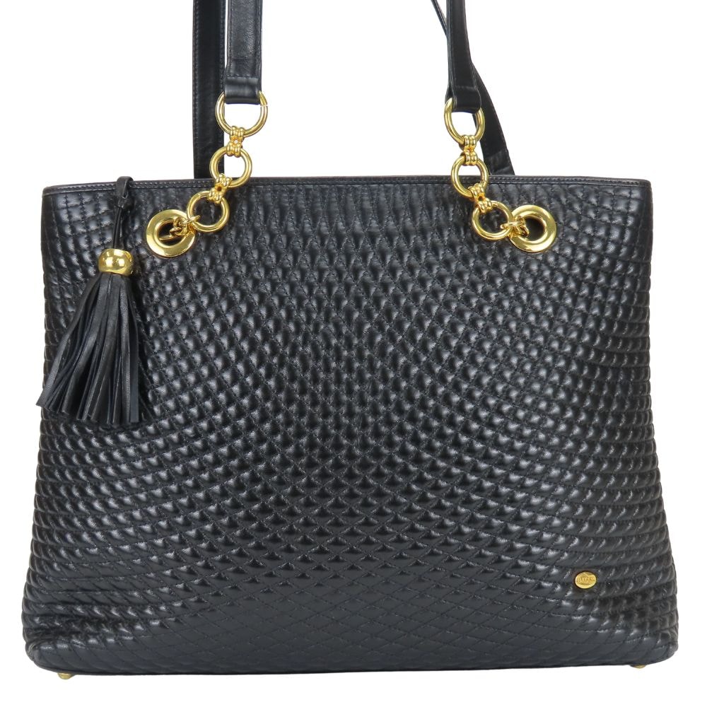 【中古】 バリー トートバッグ キルティング レザー ブラック ゴールド金具 肩掛け チェーン フリンジ レディース 女性 BALLY